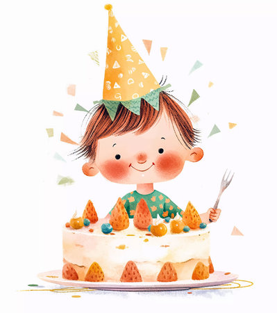Birthday party with boy and cake. Cartoon watercolor illustration. Portrait of happy child celebrating a birthday. Generative AIの素材