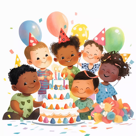 Happy birthday party friends. Cartoon illustration of kids celebrating a birthday with cake and balloons, isolated on white background. Generative AIの素材