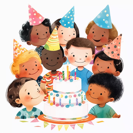 Happy multiethnic children with birthday cake. Cartoon illustration of little kids celebrating birthday, isolated on white background. Generative AIの素材