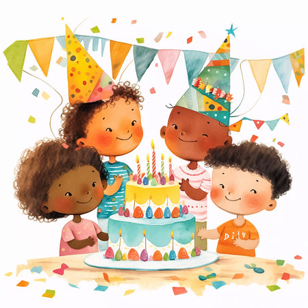 Illustration of a cute cartoon little kids celebrating a birthday with a cake. Children birthday party clipart. Generative AIの素材
