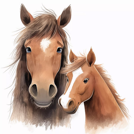 Portrait of two horses on a white background. Watercolor painting. Generative AIの素材