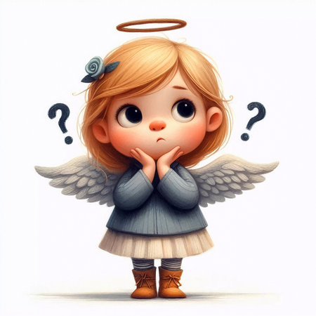 Cute little angel girl with question mark. Isolated cartoon illustration. Generative AIの素材