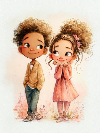 Cute Boy and Girl Clipart. Adorable Kids Illustration.の素材