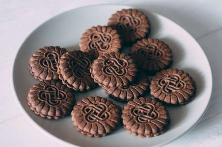 Extreme close-up image of chocolate chips cookies.の写真素材
