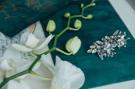 Wedding floristics and details. Wedding invitations. Orchid. Boutonniere for the groom. Wedding rings. Butterflyの写真素材