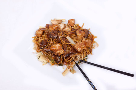 cooked noodles with pieces of chicken breast and vegetables in savoury mushroom sauce  chicken chow mein の写真素材