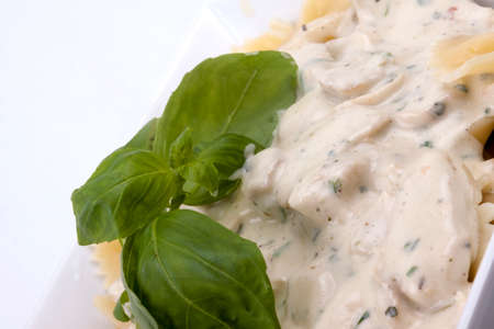 Farfalle Pasta with Diced Chicken in Creamy Mushrooms and Herbs Sauceの写真素材