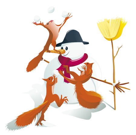 snowman with squirrelのイラスト素材