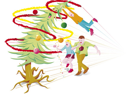 Christmas tree of children run awayのイラスト素材