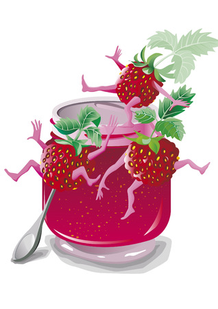 strawberries swinging around a jam potのイラスト素材