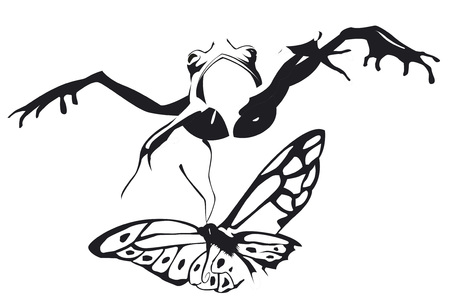 One frog is jumping to catch a butterfly.のイラスト素材