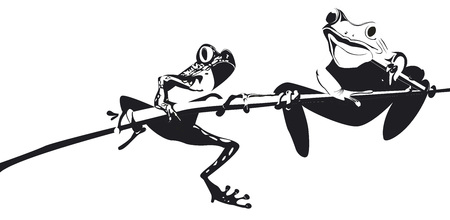 Two frogs on one branch in black and white illustration.のイラスト素材