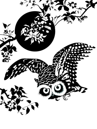 Owl is flying in black and white with flowersのイラスト素材
