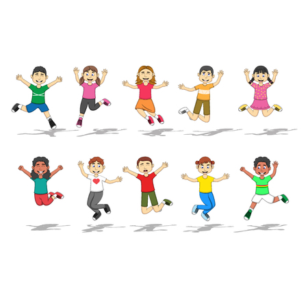 Set Of Ten Happy Kids with jump position Vector Illustrationのイラスト素材
