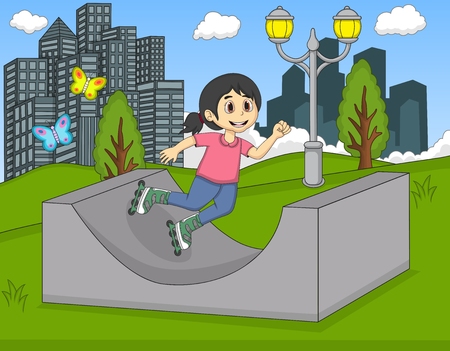 Children playing roller skate at the park cartoonのイラスト素材