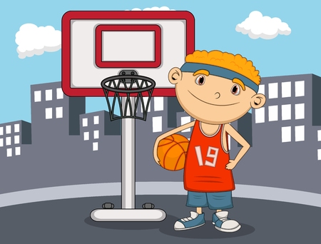 Boy Basketball player with city background cartoonのイラスト素材