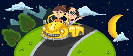 Car, a couple old passengers passes through the hill at night background cartoonのイラスト素材