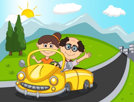 Car, a couple old passengers with hill, mountain and road background cartoonのイラスト素材