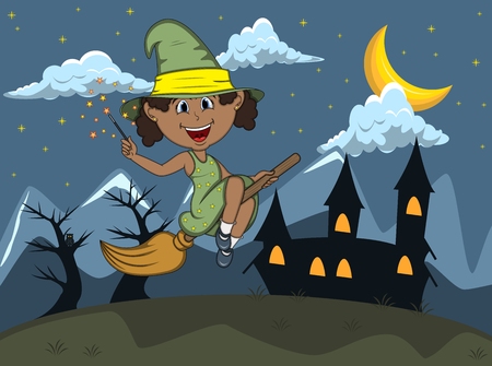 Halloween background with witches flying using broom stick cartoonのイラスト素材
