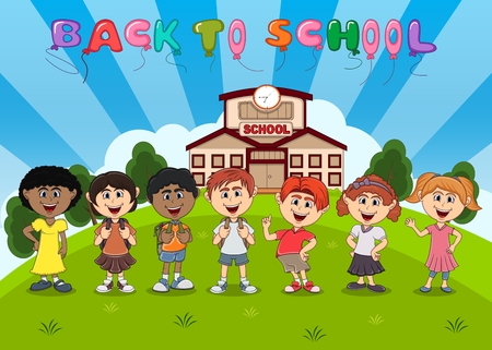 Students in front of school with balloon back to school cartoonのイラスト素材