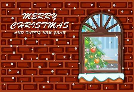 Window and christmas tree with wall background for merry christmas and happy new yearのイラスト素材