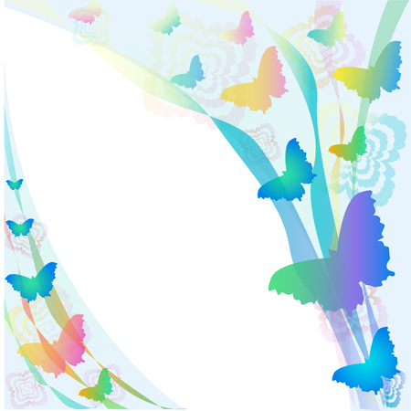 Background for inscriptions. Multi-colored ribbons and butterflyのイラスト素材