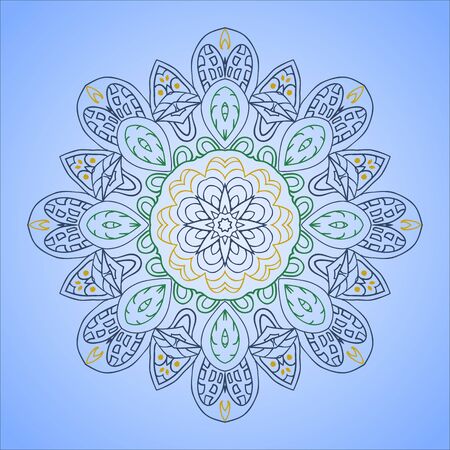 Mandala doodle drawing. Colorful round ornament. Ethnic motives. Snowflake green, orange and blueのイラスト素材