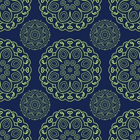 Blue and green seamless doodle pattern, ethnic ornament. Hand drawn abstract background. Mandala motivesのイラスト素材