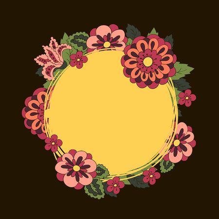 Black Doodle cover, postcard, banner. Place for an inscription. Round doodle label yellowのイラスト素材