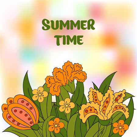 Summer postcard, cover. Summer. Green, orange, yellow. Colourful summerのイラスト素材