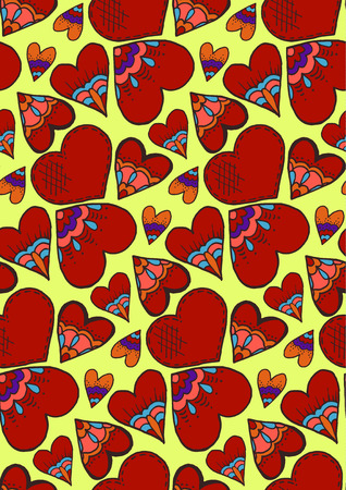 Cute seamless pattern. Heart. Hand drawing. Doodle. Love. Sketch. Yellow backgroundのイラスト素材