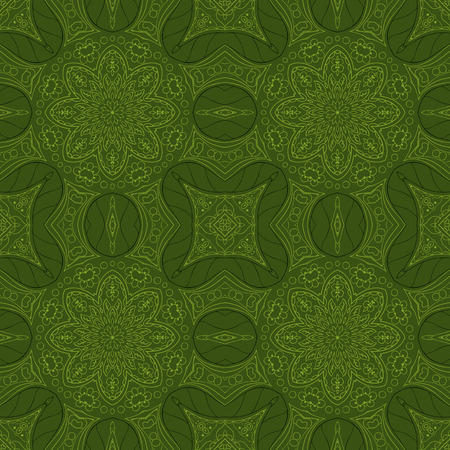 Seamless Mandala. Seamless green oriental pattern. Doodle drawing. Hand drawing. Snowflake, floral motifsのイラスト素材