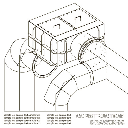 Drawings of steel structures. Pipes and pipe. 3d blueprint of steel structures. Whiteのイラスト素材