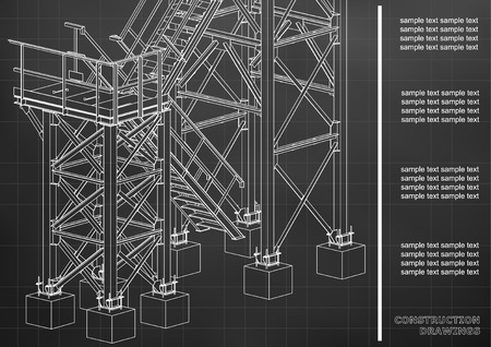 Building. Metal constructions. Volumetric constructions. 3D design. Abstract backgrounds. Cover, background, banner. Black background. Gridのイラスト素材
