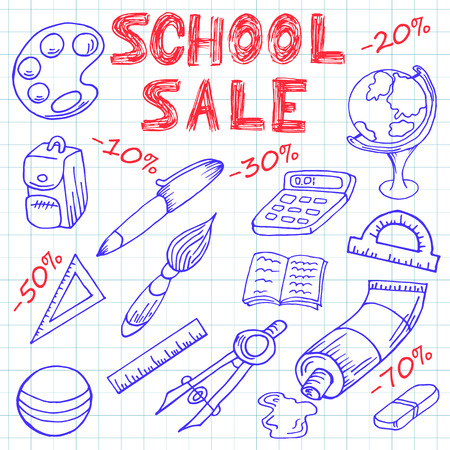 Back to school. School sale. Drawing paints on a sheet from a notebook. Hand drawingのイラスト素材