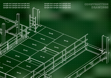 Building. Metal constructions. Volumetric constructions. 3D design. Abstract. Green background. Pointsのイラスト素材