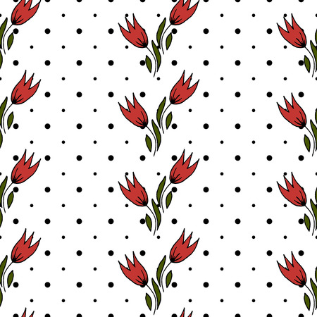 Seamless floral pattern. Pattern for fabric, trellis. Tulips. Stripes of flowers on a white background. Background in black polka dotsのイラスト素材
