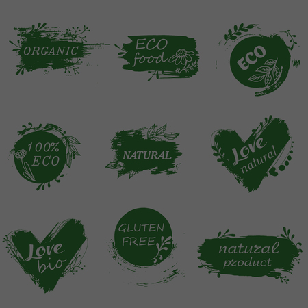 I love organic. Vector illustration for menu of restaurants, packaging, advertising. Set of logos, icons, design elements. Doodle logos. Natural food, organic food, veggie foodのイラスト素材