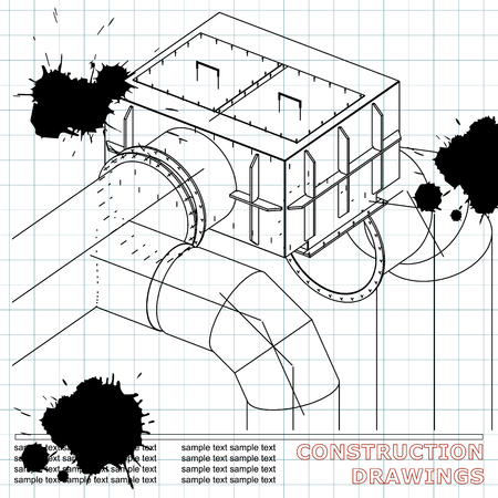Drawings of structures. Pipes and pipe. 3d blueprint of steel structures. Draft. Black Ink. Blotsのイラスト素材