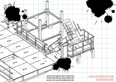 Building. Metal constructions. Volumetric constructions. 3D design. Abstract backgrounds. Cover. Draft. Black Ink. Blotsのイラスト素材