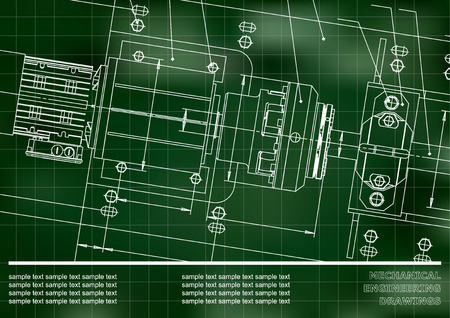 Mechanical engineering drawings on a Green background. Grid. Vector. Background for inscriptionのイラスト素材
