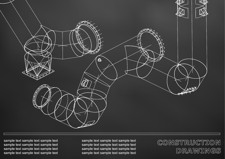 Drawings of steel structures. Pipes and pipe. 3d blueprint of steel structures. Cover, background for your design. Black backgroundのイラスト素材