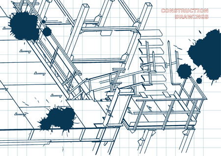 Building. Metal constructions. Volumetric constructions. 3D design. Abstract background. Draft. Ink. Blotsのイラスト素材