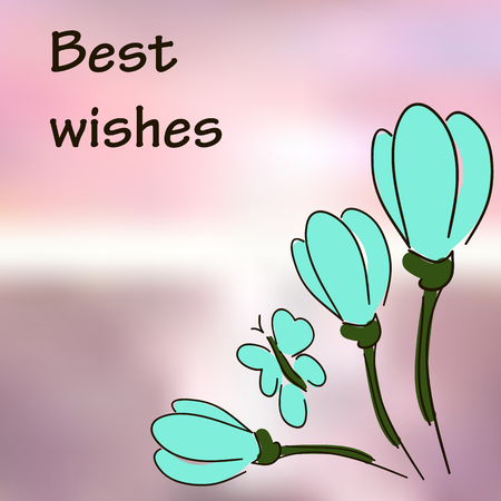 Best wishes. Doodle flowers and butterflies. Greeting card, banner, flyerのイラスト素材