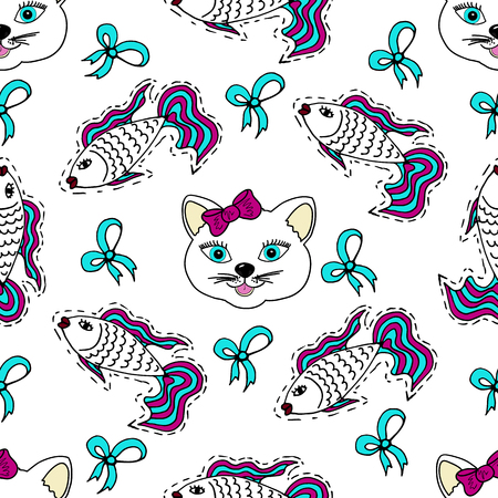 Kids, Cartoon seamless pattern. Lovely pictures for your creativity. Skarpbuking. Cat, kitty, fish, goldfish, bowsのイラスト素材