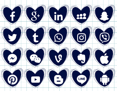 A collection of popular social media icons on a white background. Drawing on the notebook sheet. Hearts doodles iconsのイラスト素材
