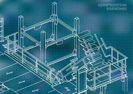 Building. Metal constructions. Volumetric constructions. Blue background. Pointsのイラスト素材