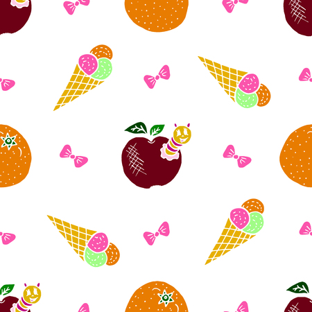 Kids, Cartoon seamless pattern. Original color drawings. Skarpbuking. Textiles, cartoon background. Ice cream, orange, apple with caterpillar, bowsのイラスト素材