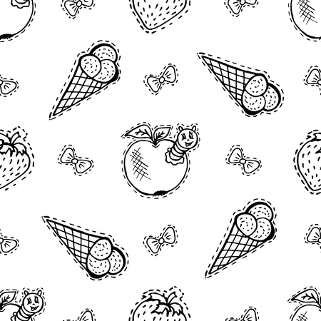 Kids, Cartoon seamless pattern. Textiles, cartoon background. Ice cream, orange, apple with caterpillar, bowsのイラスト素材