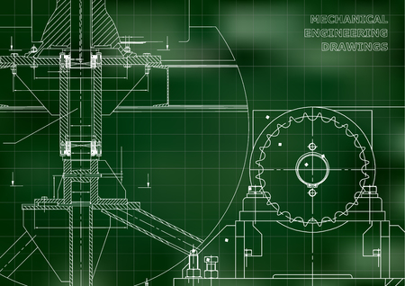 Engineering backgrounds. Mechanical engineering drawings. Blueprints. Cover. Technical Design. Green background. Gridのイラスト素材